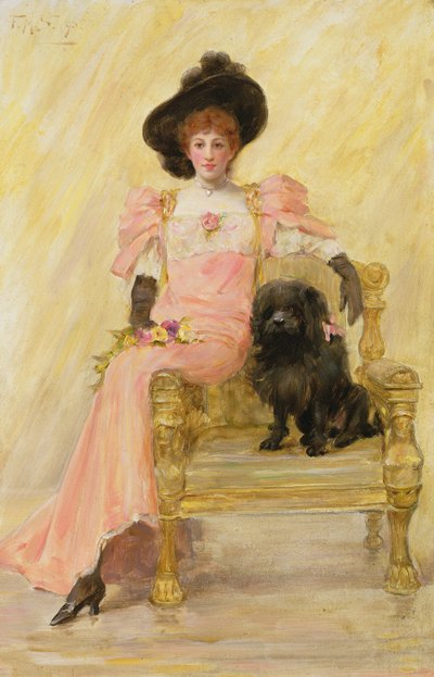 Portret van een dame met haar hond door Frank Markham Skipworth